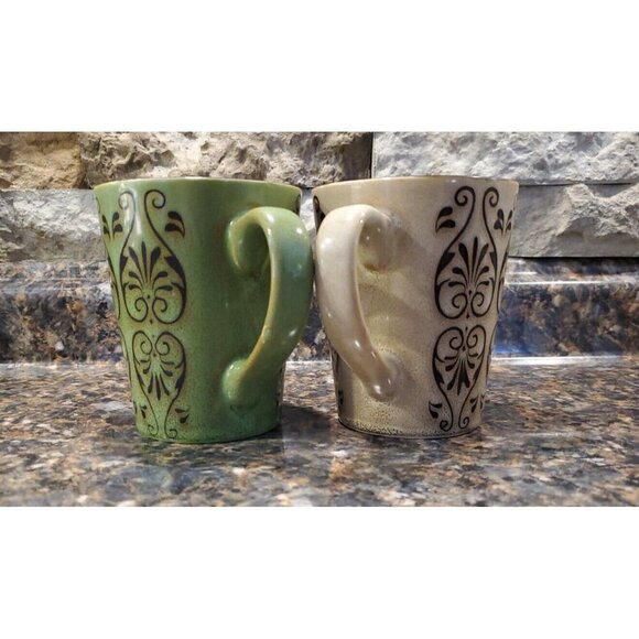 2 Beautiful Green & Tan designed Coffee Mug ,Tea Cup Hot Chocolate - Picture 4 of 7